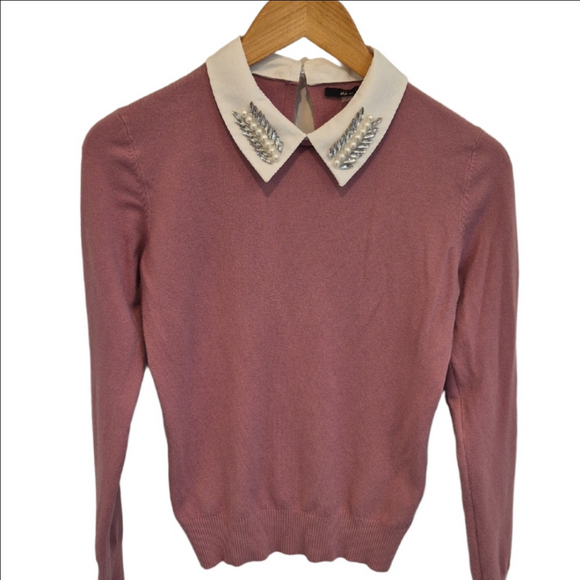 Vila Milano Sweaters - Vila Milano Embellished Collar Pink Crewneck Sweater